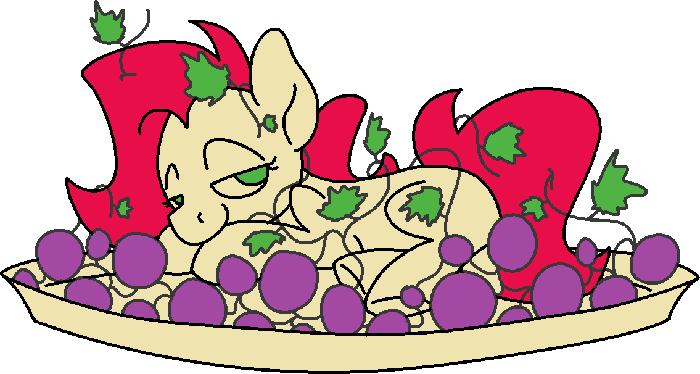 a pony just vibing in a plate of grapes