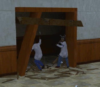 two crowbar-wielding maniacs destroy a barricaded hallway