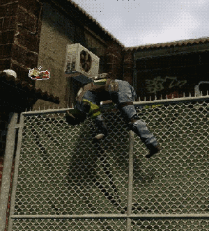 a swat guy stuck on top of a fence